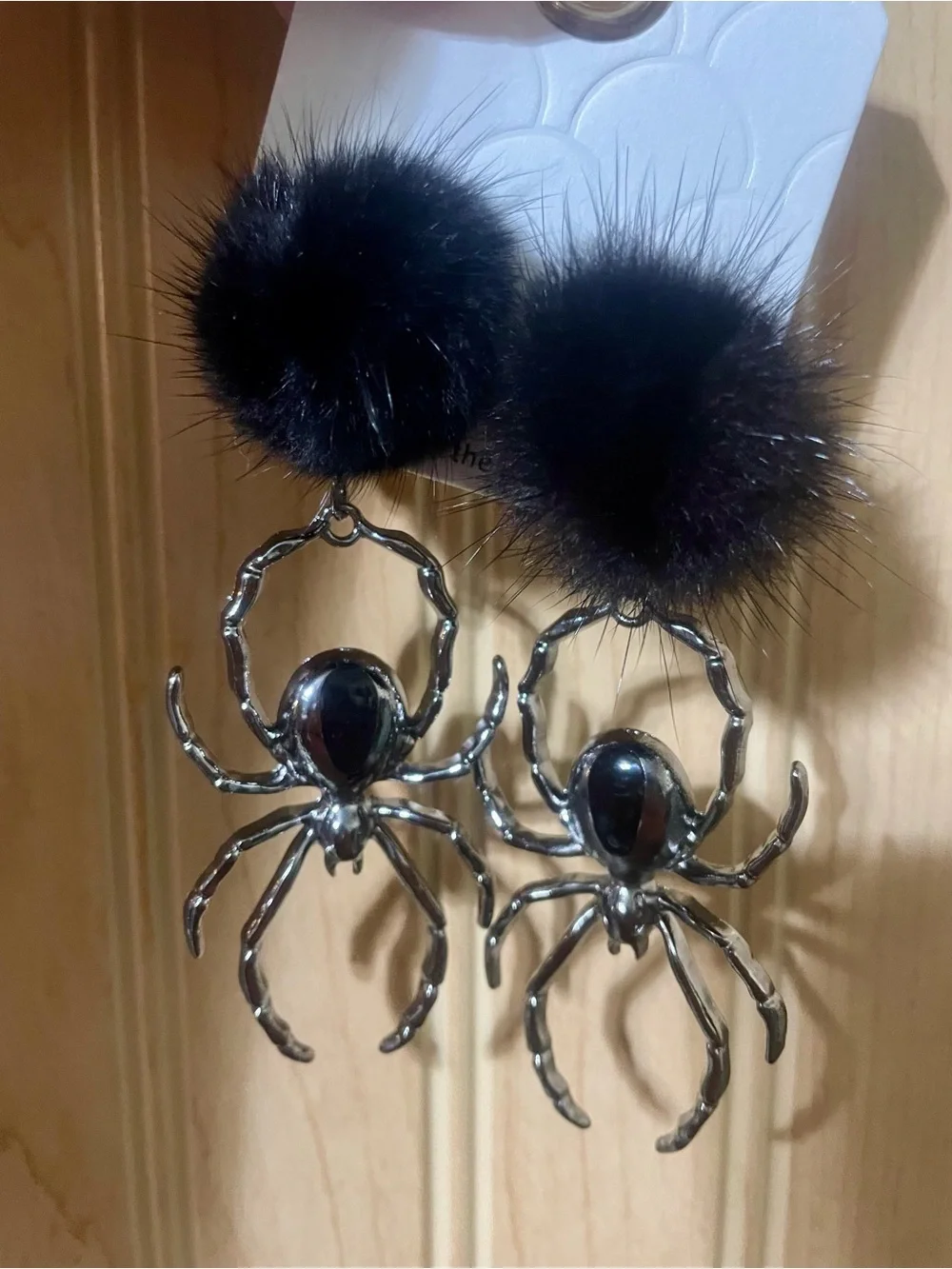 Black Fur Pom & Silver Spider Drop Earrings